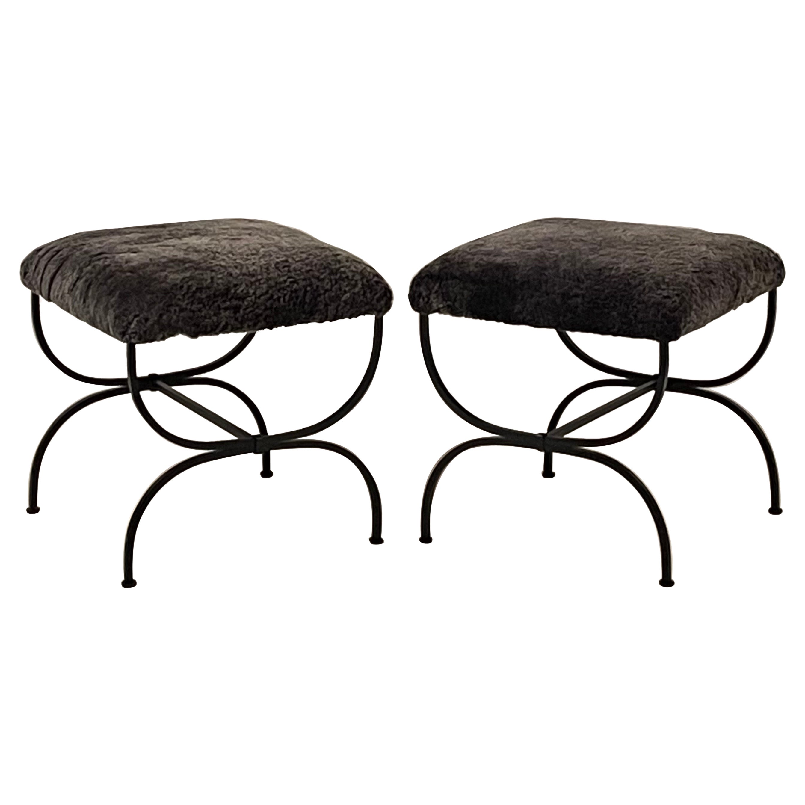 Pair of Grey Fur 'Strapontin' Stools by Design Frères