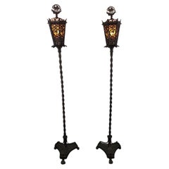 Antique OSCAR BACH Segar Studios Bronze Torchieres Floor Lamps - Pair