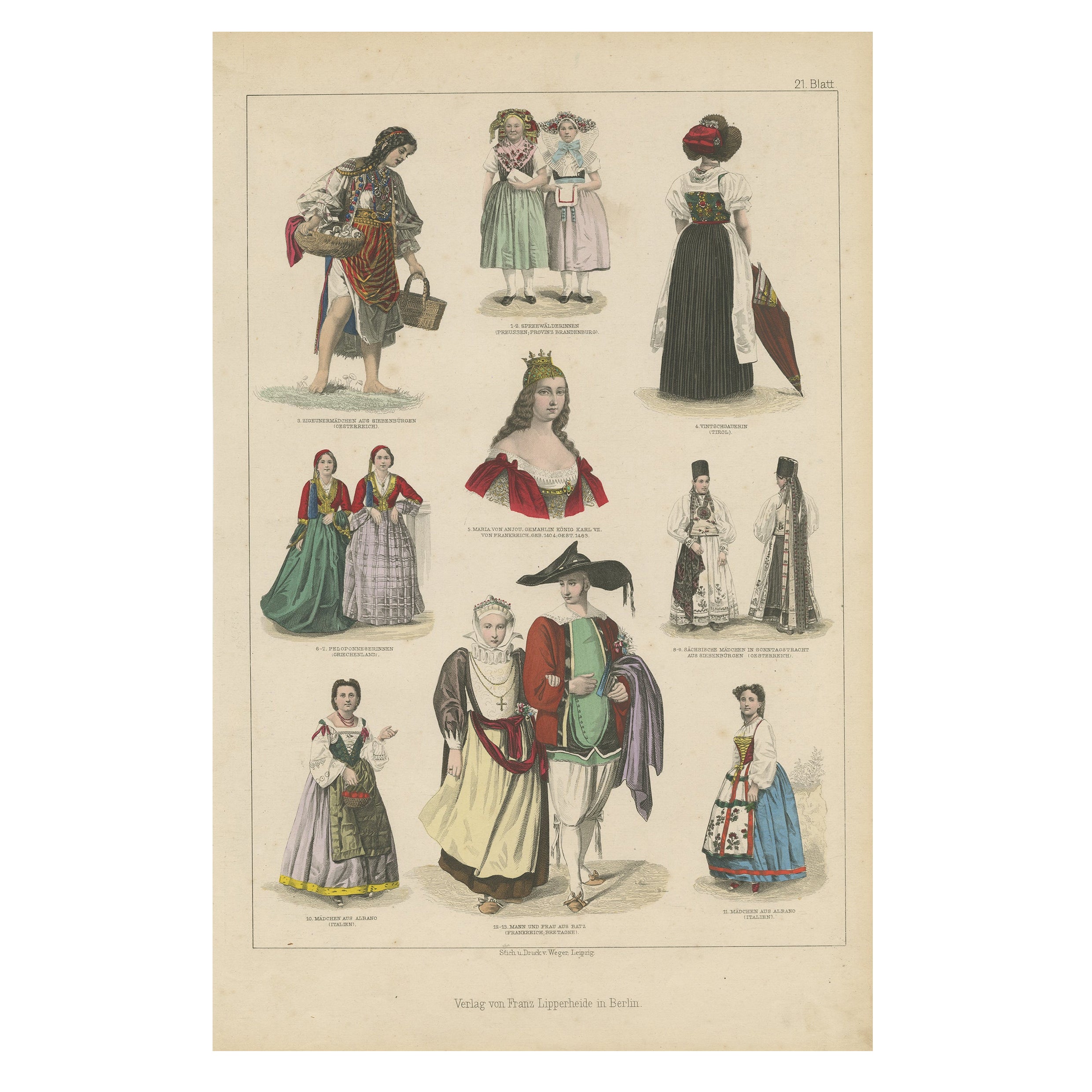 Original Print Showing Costumes of Austria, Tyrol, France, Italy Etc., ca.1875