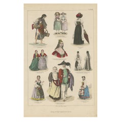 Antique Original Print Showing Costumes of Austria, Tyrol, France, Italy Etc., ca.1875