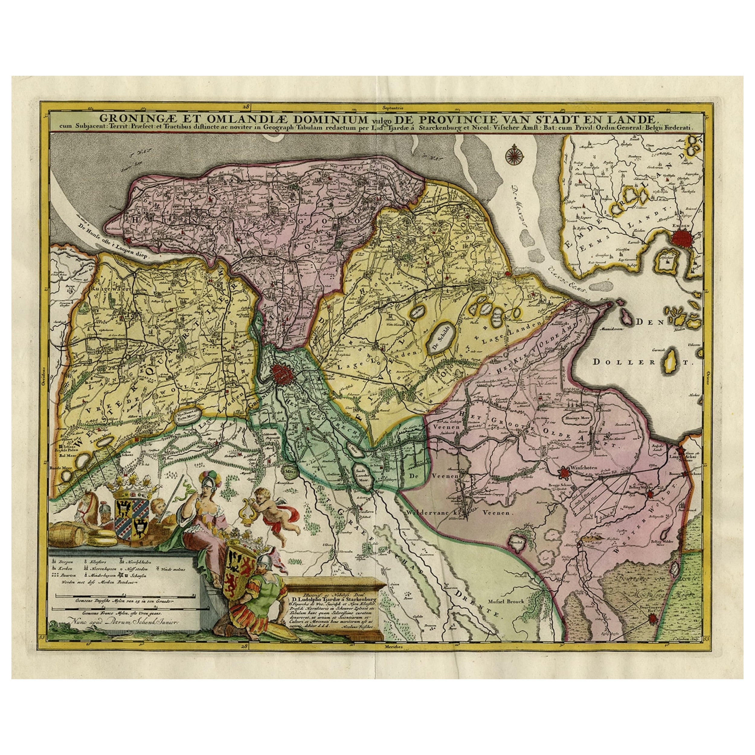Carte décorative colorée à la main d'antiquités de Groningen aux Pays-Bas, vers 1730