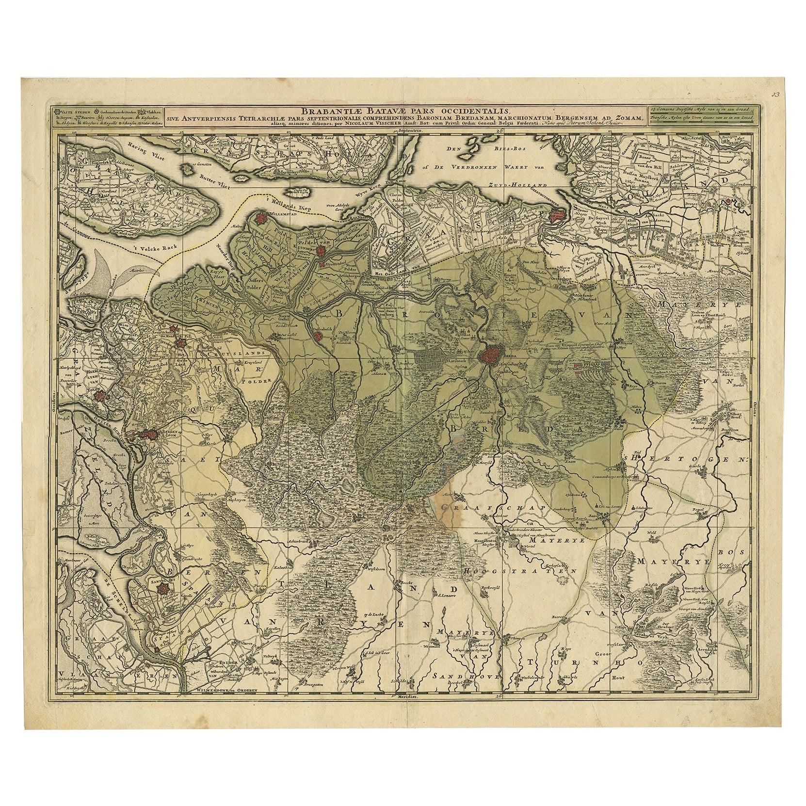 Highly Detailed Antique Map of Brabant, Province of the Netherlands, ca.1700