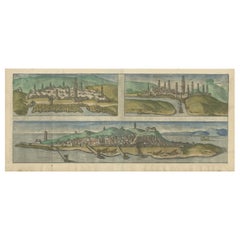 Very Old Engraving of Casablanca (Anfa), Azemmour (Azamor) and Diu, 1574