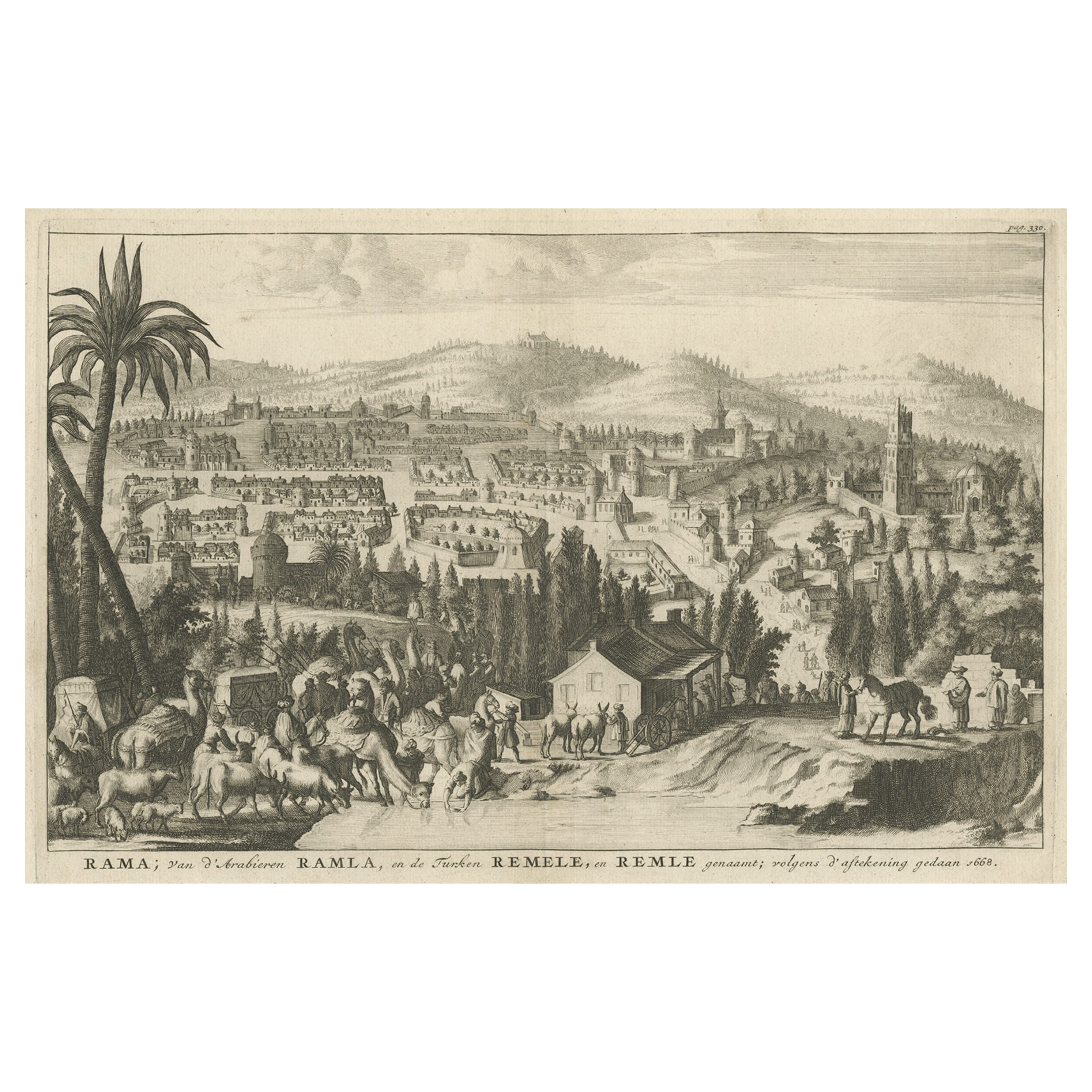 Original Antique Engraving of The City of Ramallah, Palestine, 1717