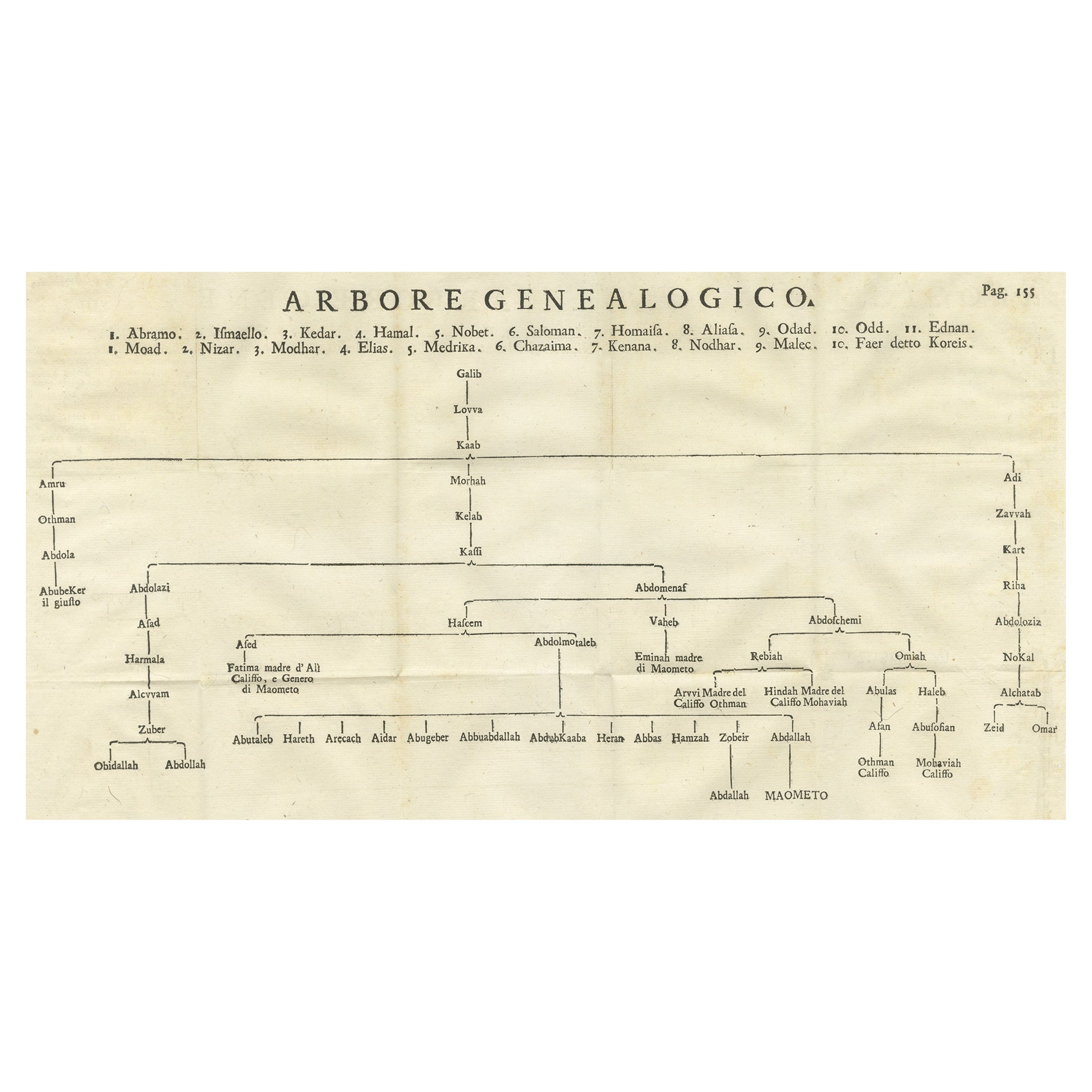Antique Print Titled 'Arbore Genealogico'. Family Tree of Muhammad, 1745