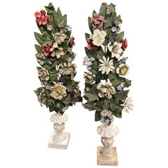 19th Century Hand-Painted Wood Sicilian Palm Holders with Flowers and Leaves