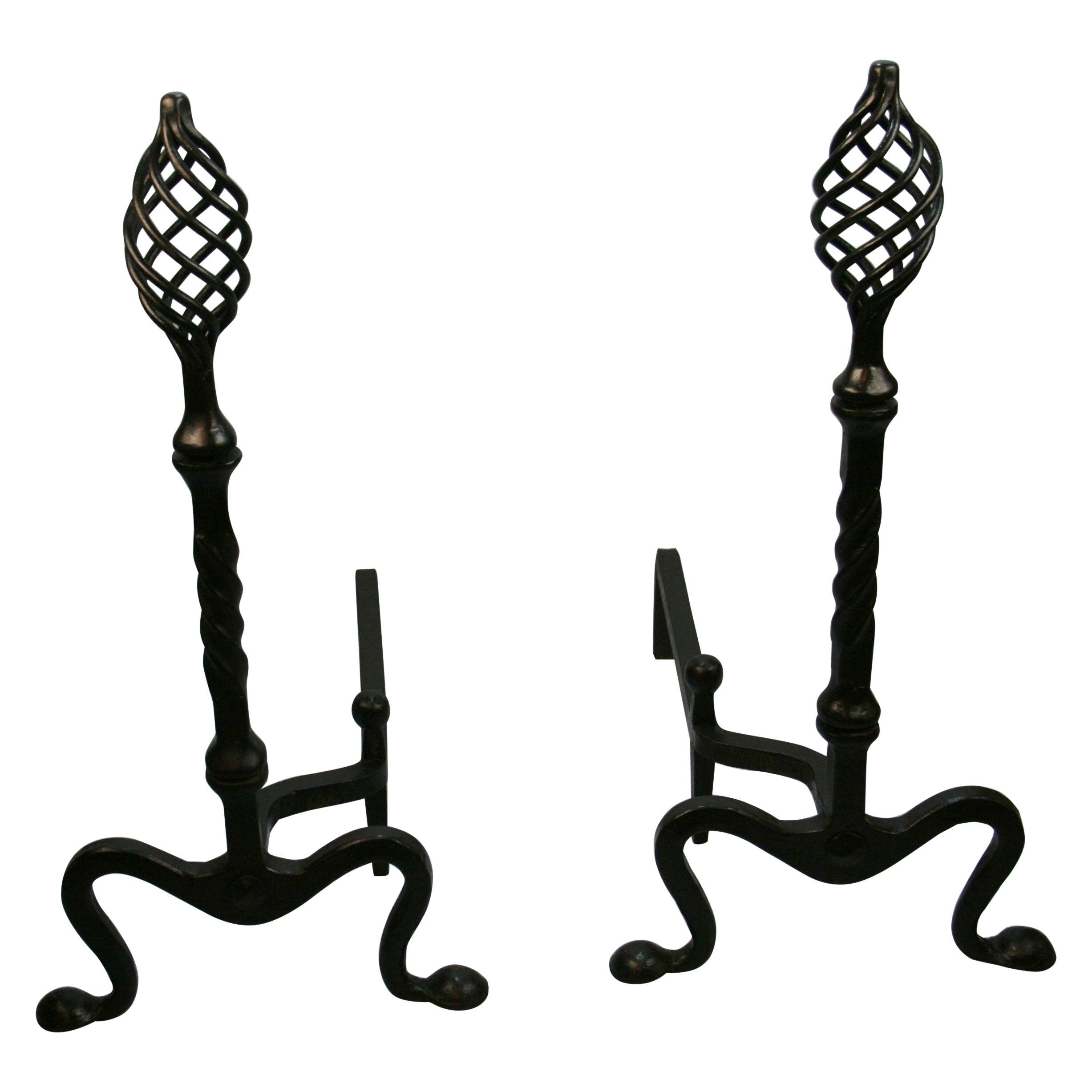 Pair Antique Andirons   Wrought Iron Birdcage Finial and Penny Feet  Circa 1860 For Sale