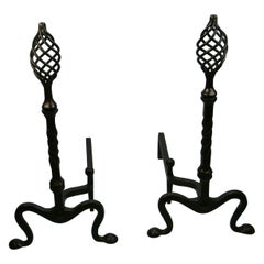 Pair Antique Andirons   Wrought Iron Birdcage Finial and Penny Feet  Circa 1860