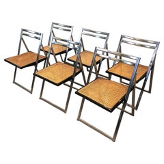 Vintage Set of 6 Folding Chrome, Black Lacquered Caned Chairs, French, Circa 1970