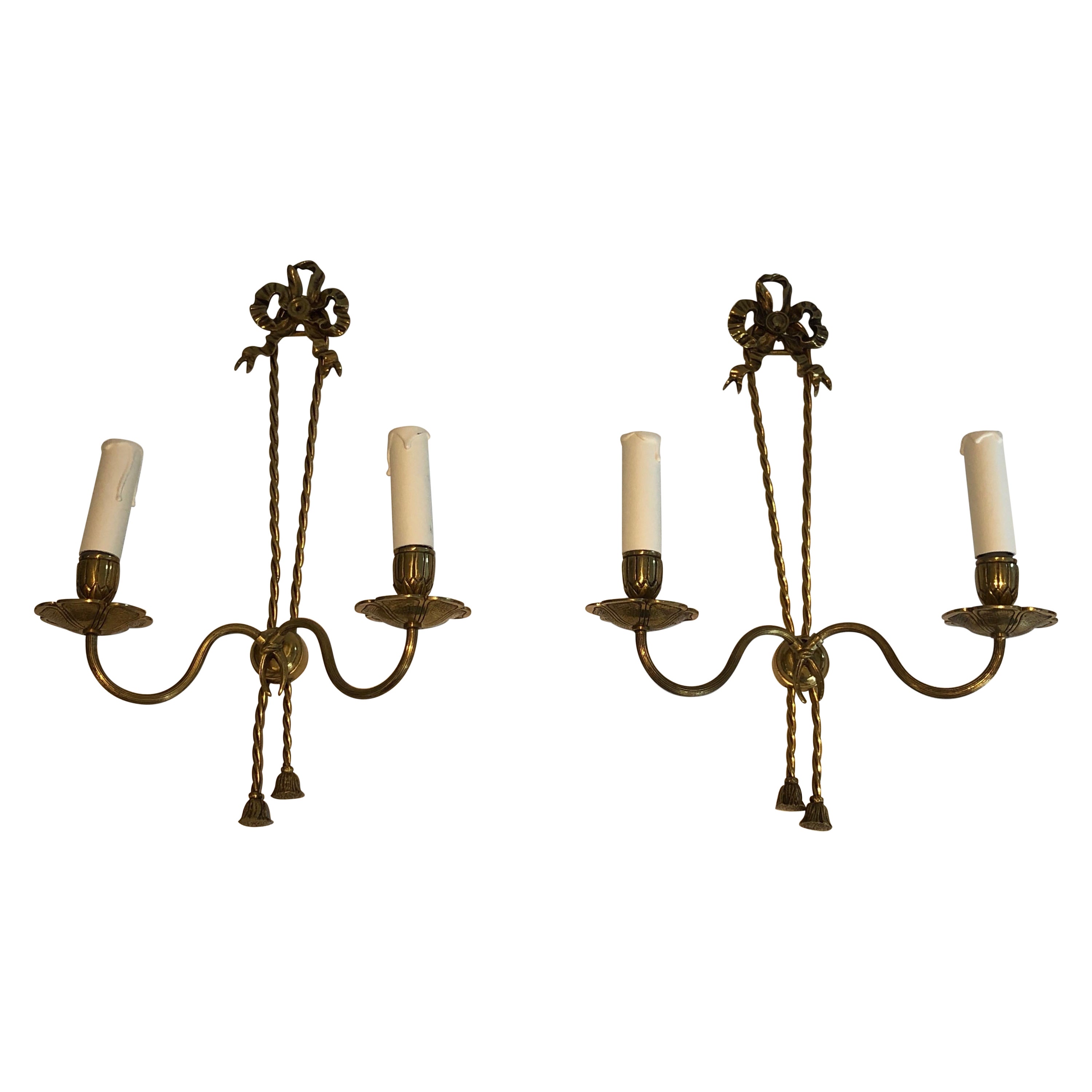 Pair of Louis the 16th Style Bronze Wall Lights with Ribbons, French, circa 1950 For Sale