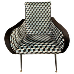 Armchair Reupholstered in Black Velvet and Black/Blue Fabric