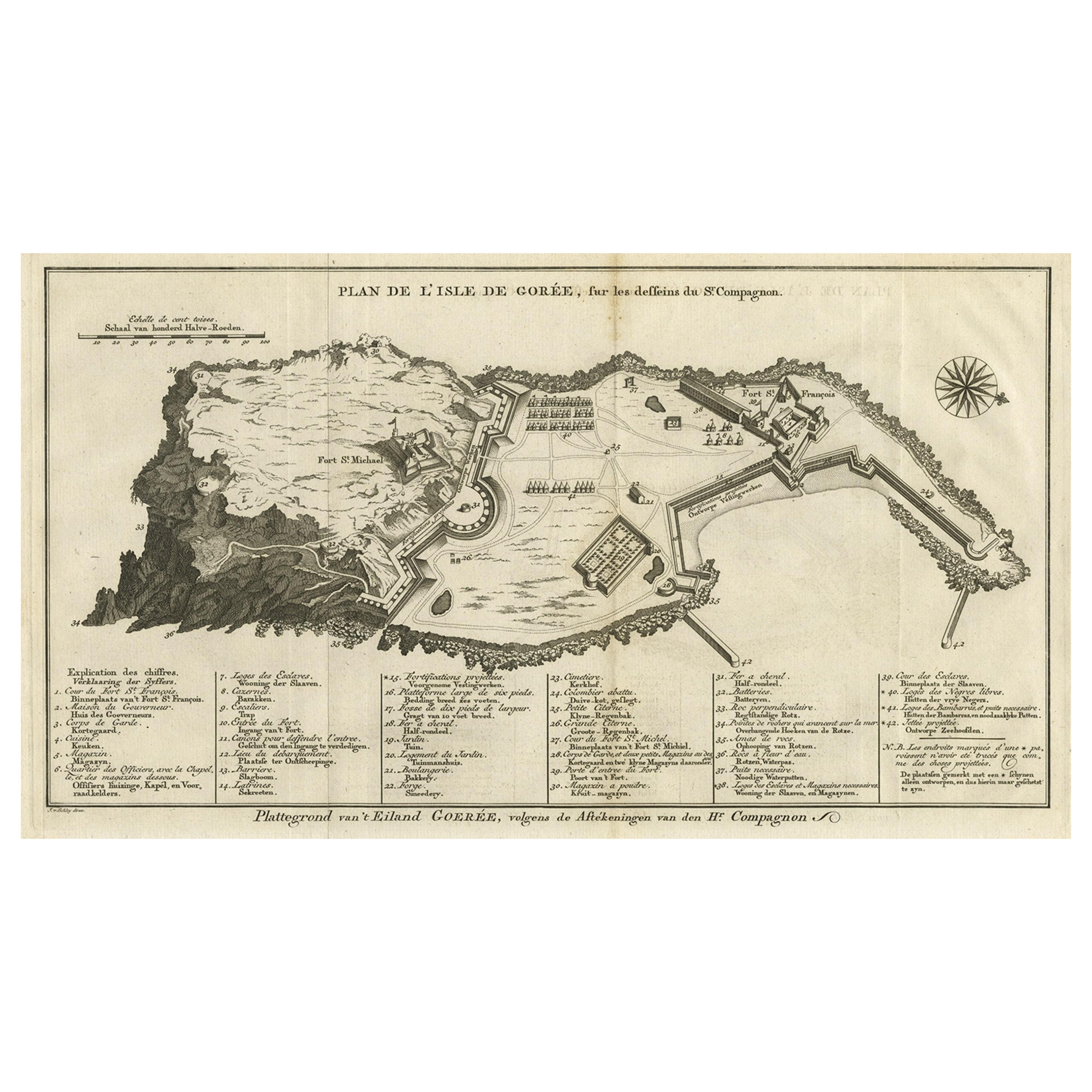 Carte détaillée de l'île du Gore au large de la côte de Dakar, Senegal, 1747 en vente