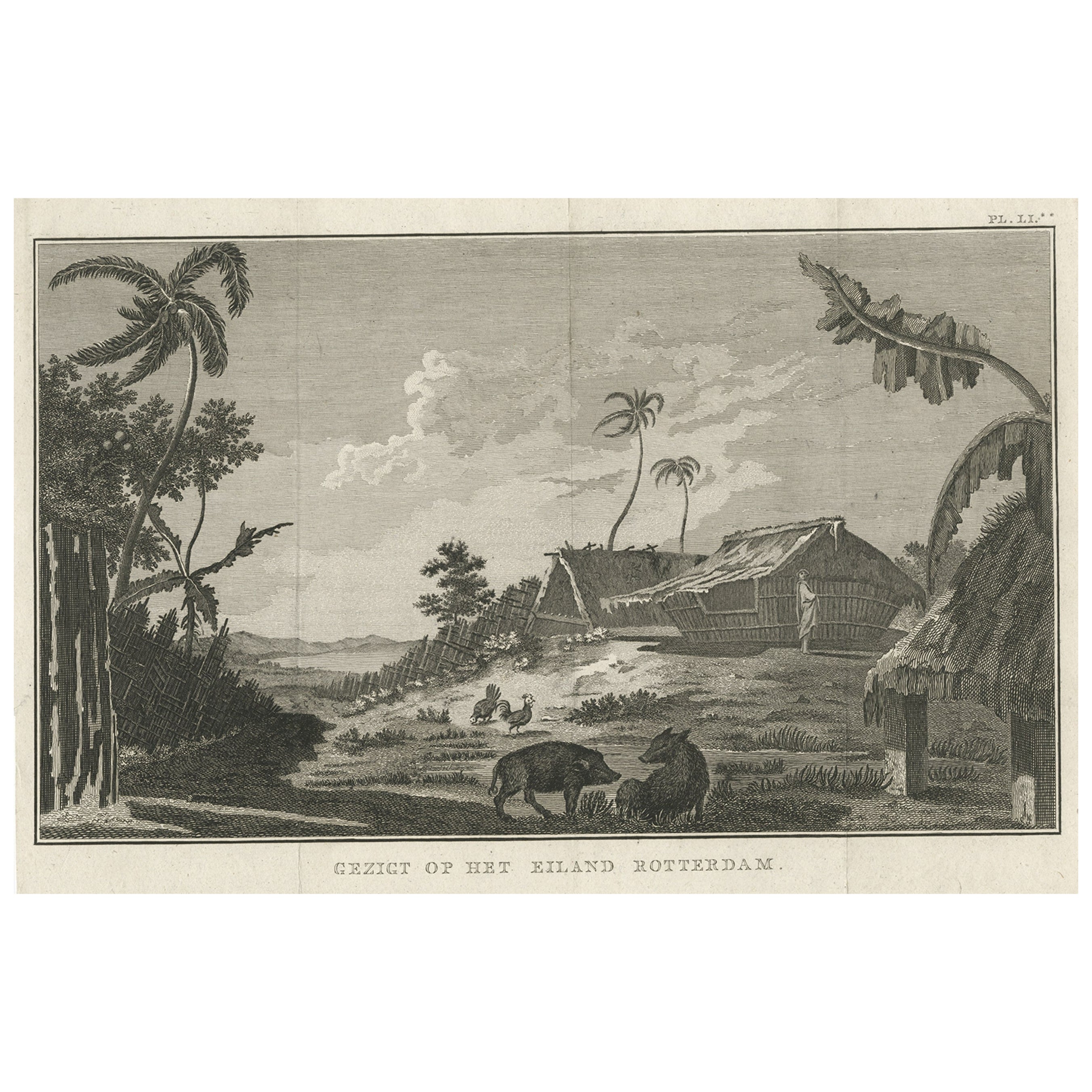 Incisione originale dell'isola di Rotterdam, oggi Nomuka, Regno di Tonga, 1800 ca. in vendita