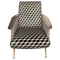 Armchair Reupholstered in Black Velvet and Black/Grey Fabric