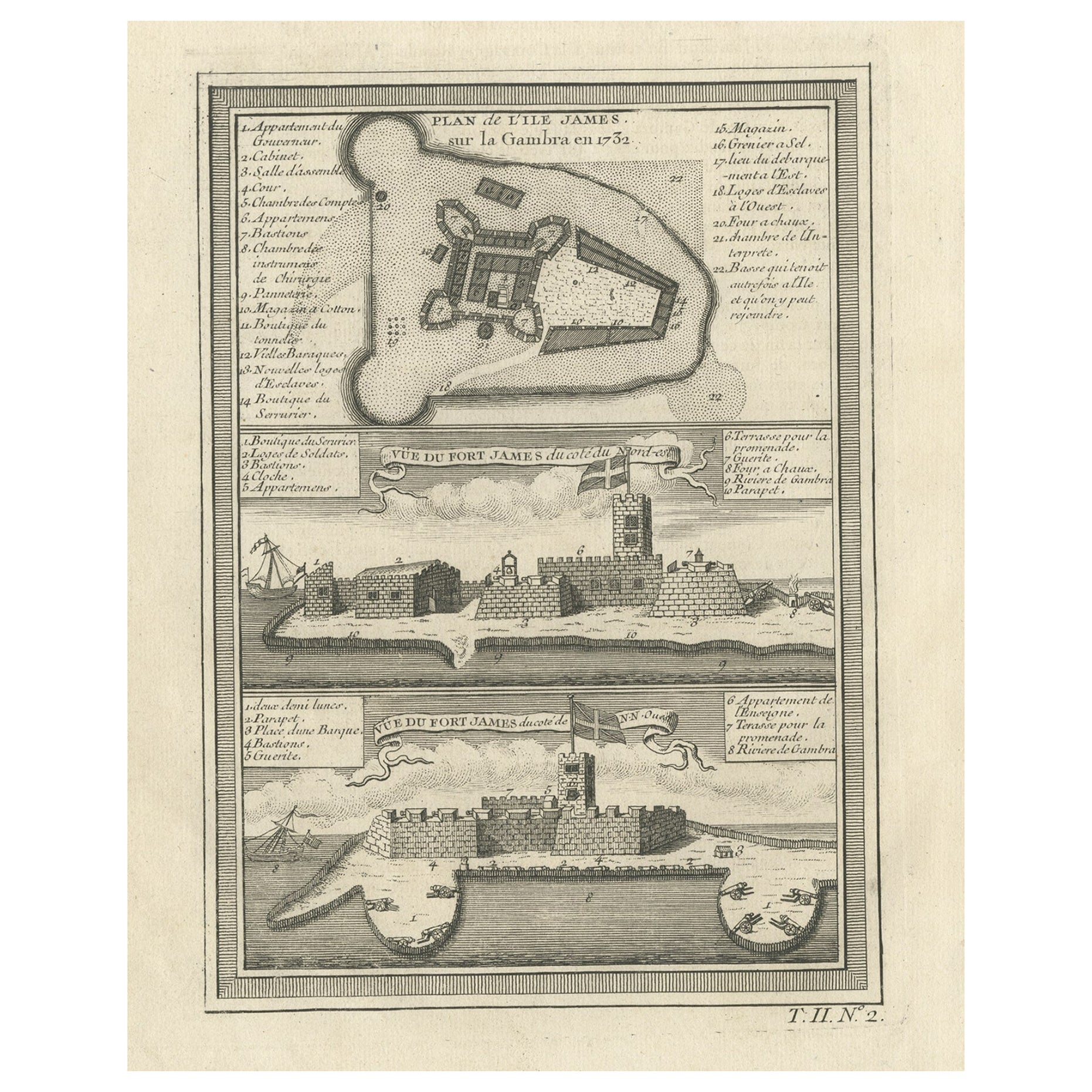 Old Print of Fort James on Kunta Kinteh Island on the Gambia River, Africa, 1746 For Sale