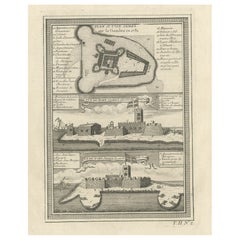 Used Old Print of Fort James on Kunta Kinteh Island on the Gambia River, Africa, 1746
