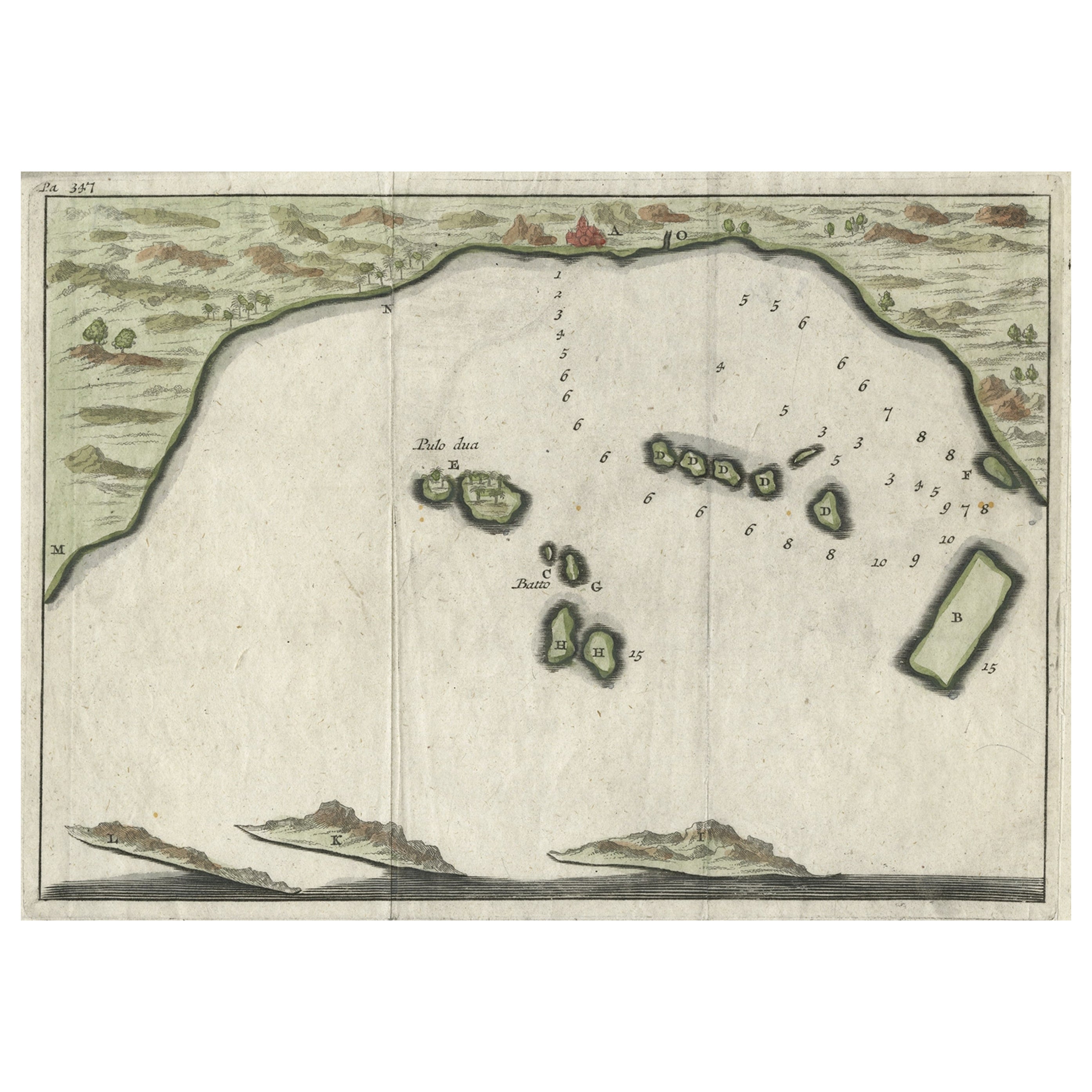 Petite carte du début du 18e siècle de la baie de Banten sur l'île de Java, Indonésie, vers 1725