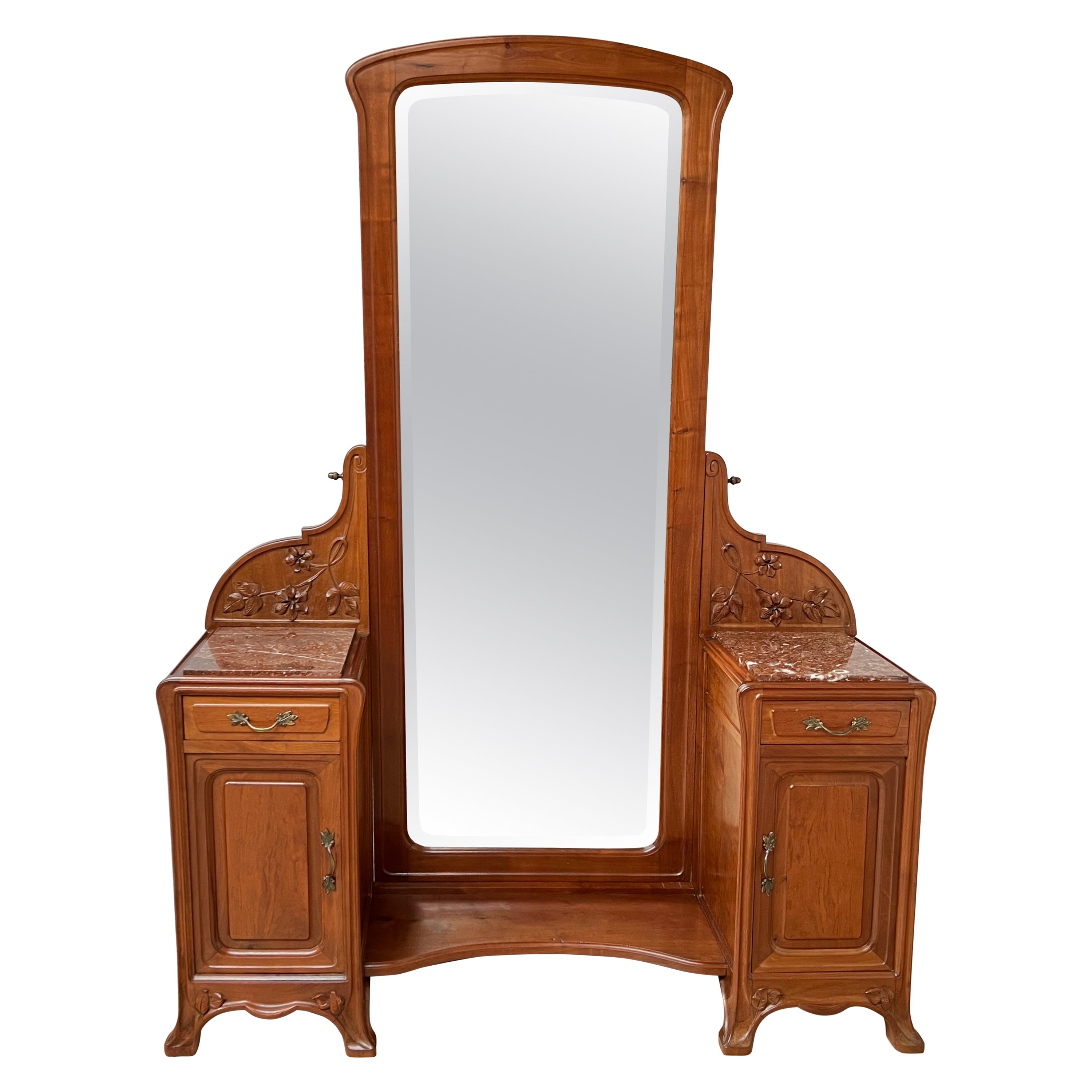 French Art Nouveau Lady's Dressing or Vanity w. Cabinets & Large Tilting Mirror For Sale