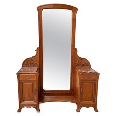 French Art Nouveau Lady's Dressing or Vanity w. Cabinets & Large Tilting Mirror