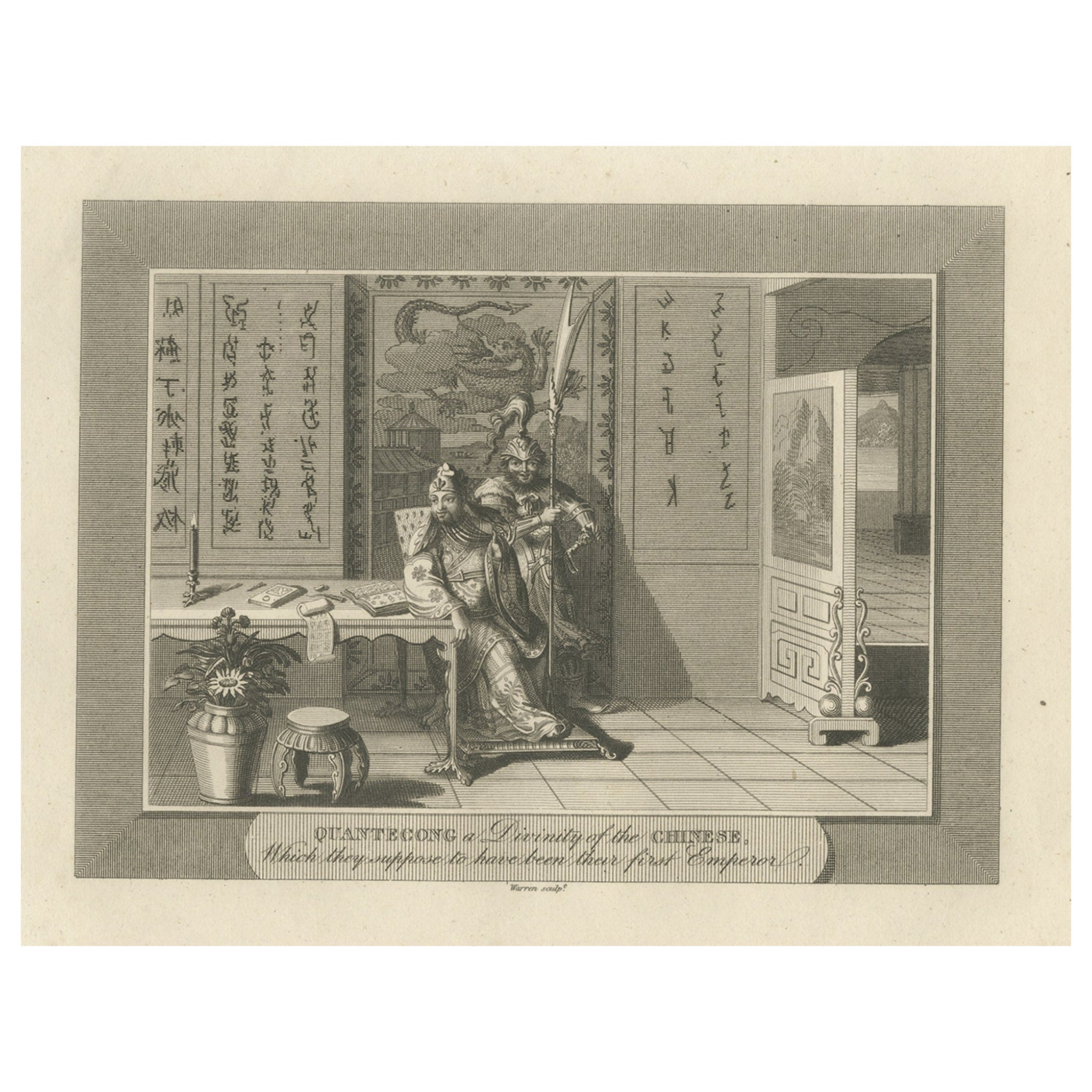 Engraving of the Deity Quante-Cong 'or Shangdi', First Ruler of China, 1808 For Sale