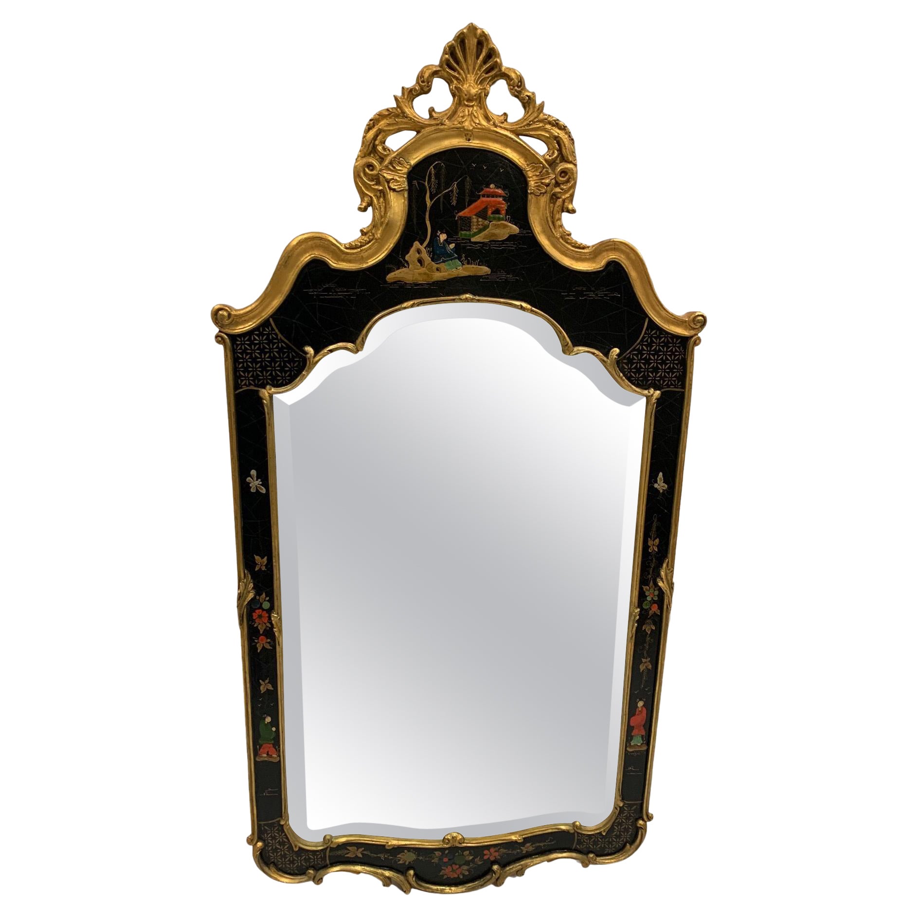 Enchanting Black Red and Gold Chinoiserie Vertical Mirror For Sale