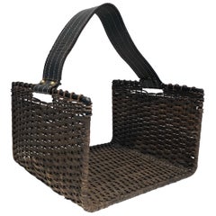 Rattan, Black Lacquered Metal and Leather Logs Holder, French, Circa 1970