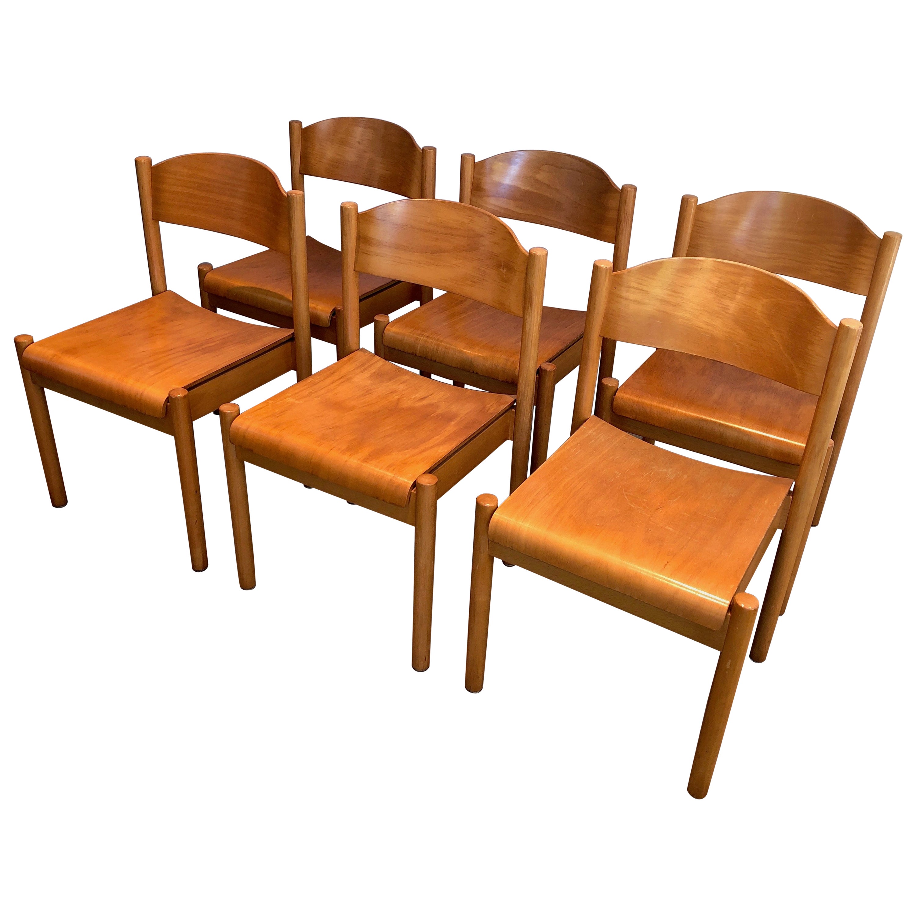 Set of 6 Stackable Pine Chairs, German Work by Karl Klipper, Circa 1970