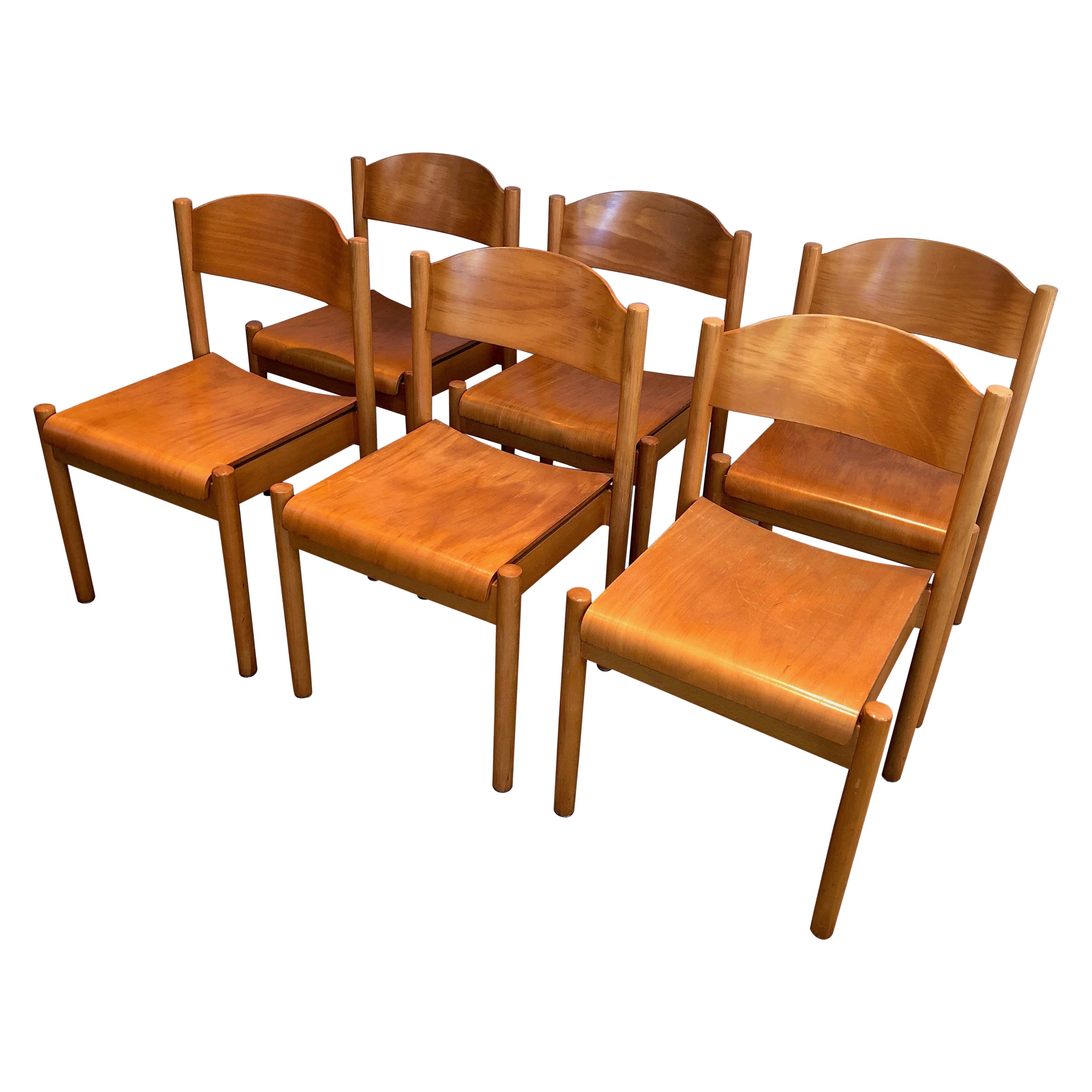 Set of 6 Stackable Pine Chairs, German Work by Karl Klipper, Circa 1970