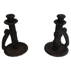 Vintage Pair of Tall Brutalist Candle Holders Made of Carved Wood, French, circa 1950