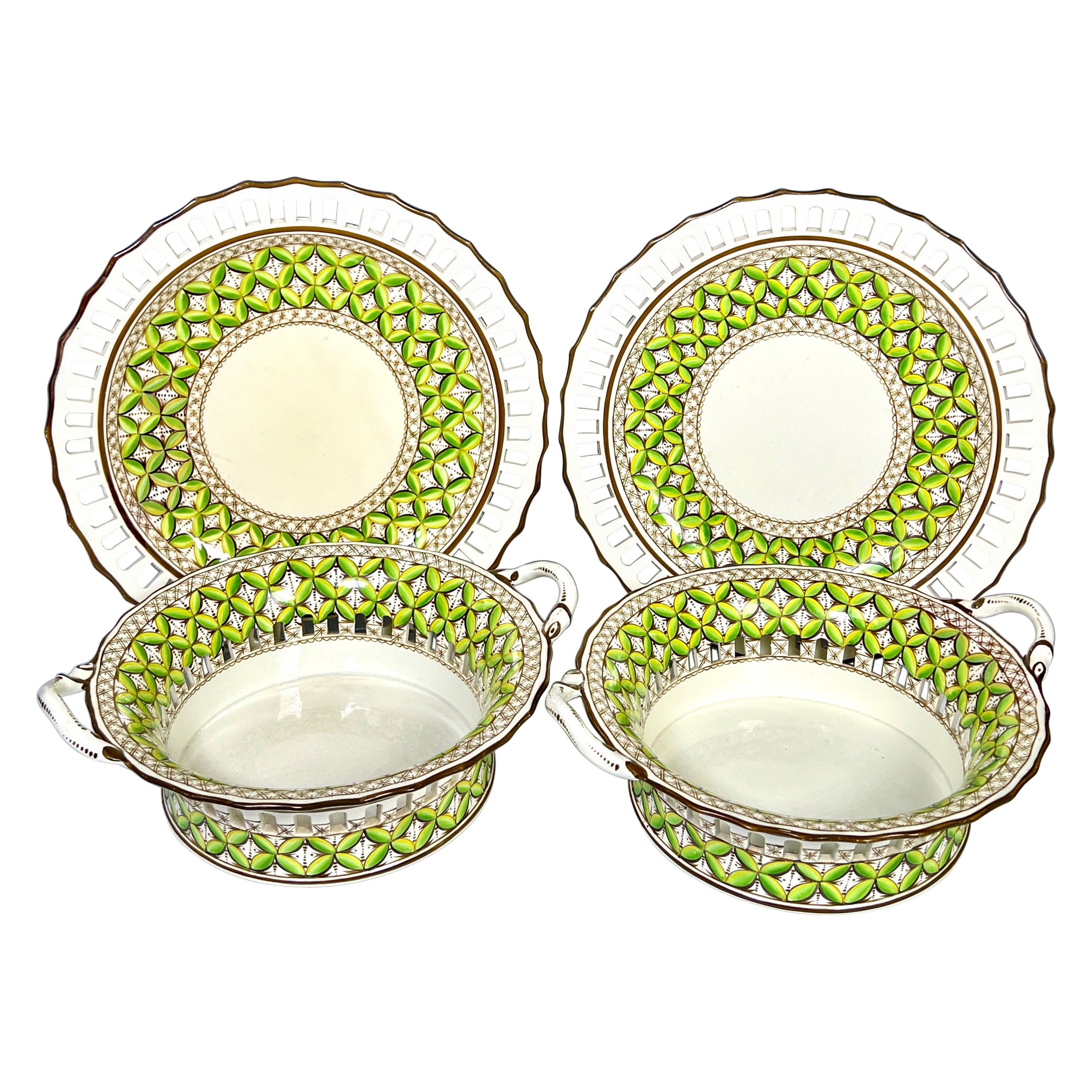 Pair of Spode 19th C Pierced Green Chestnut Baskets & Under Plates For Sale