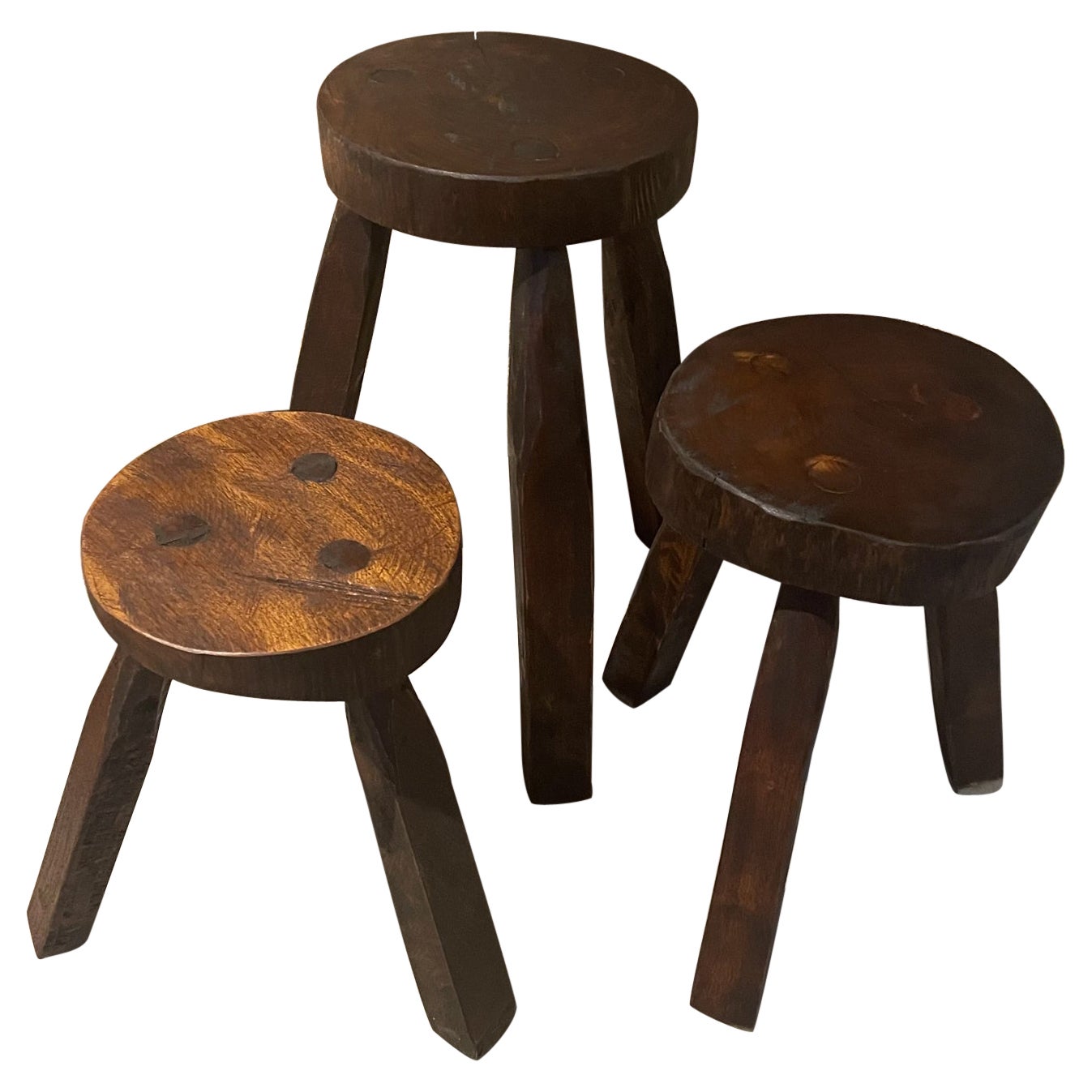  1950s Three Carved Wood Stools Style of Pierre Jeanneret