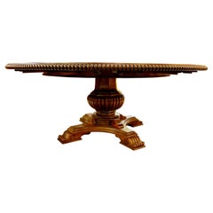 Large Round Walnut Dining Table on Melon Shaped Base with Marquetry Top