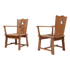 Story Book Pair of Dutch Brutalist Oak and Rush Throne-Like Lounge Chairs