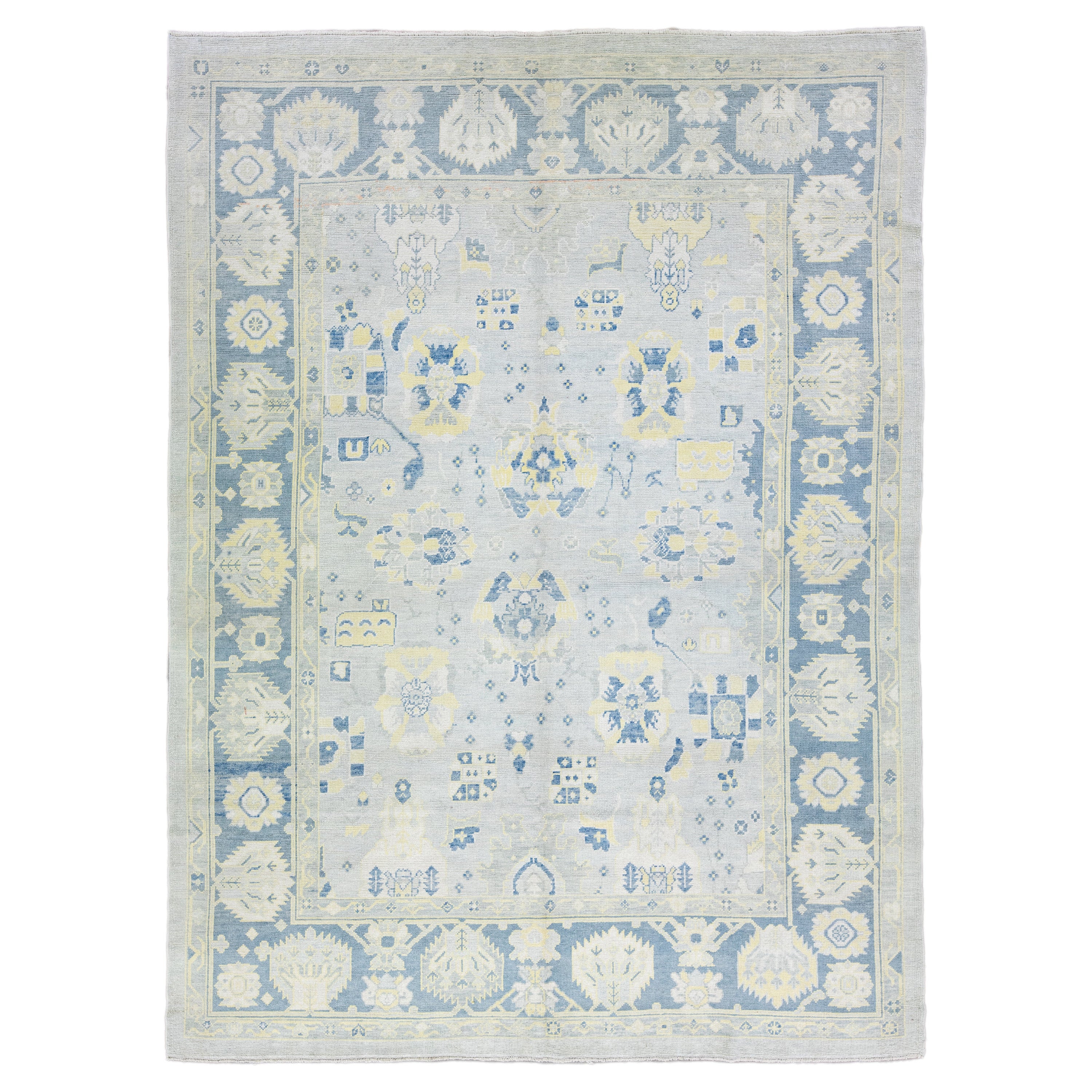 Gray Modern Turkish Oushak Handmade Floral Pattern Wool Rug For Sale