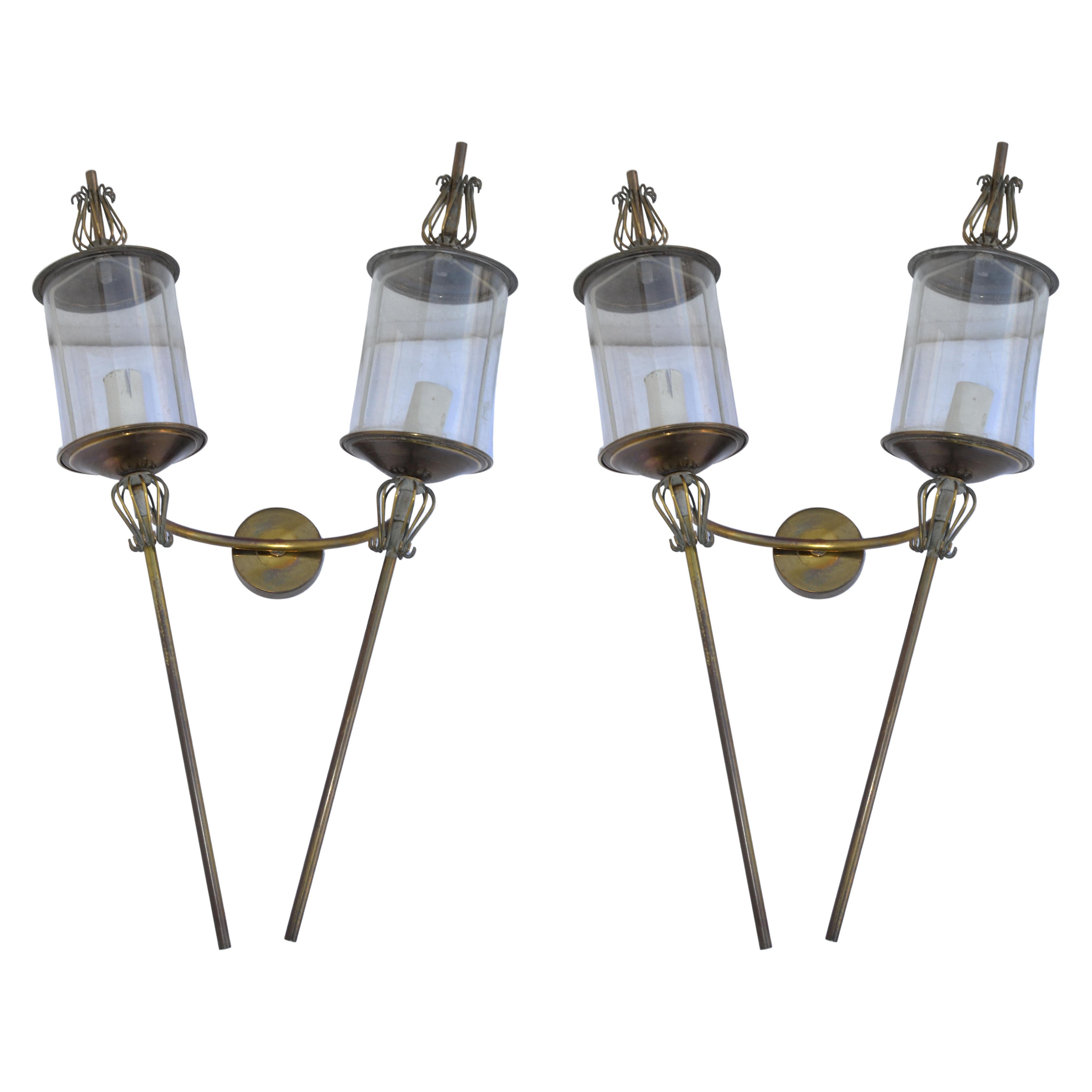 Pair of Maison Lunel Brass & Glass Sconces, Wall Lamp, French Mid-Century