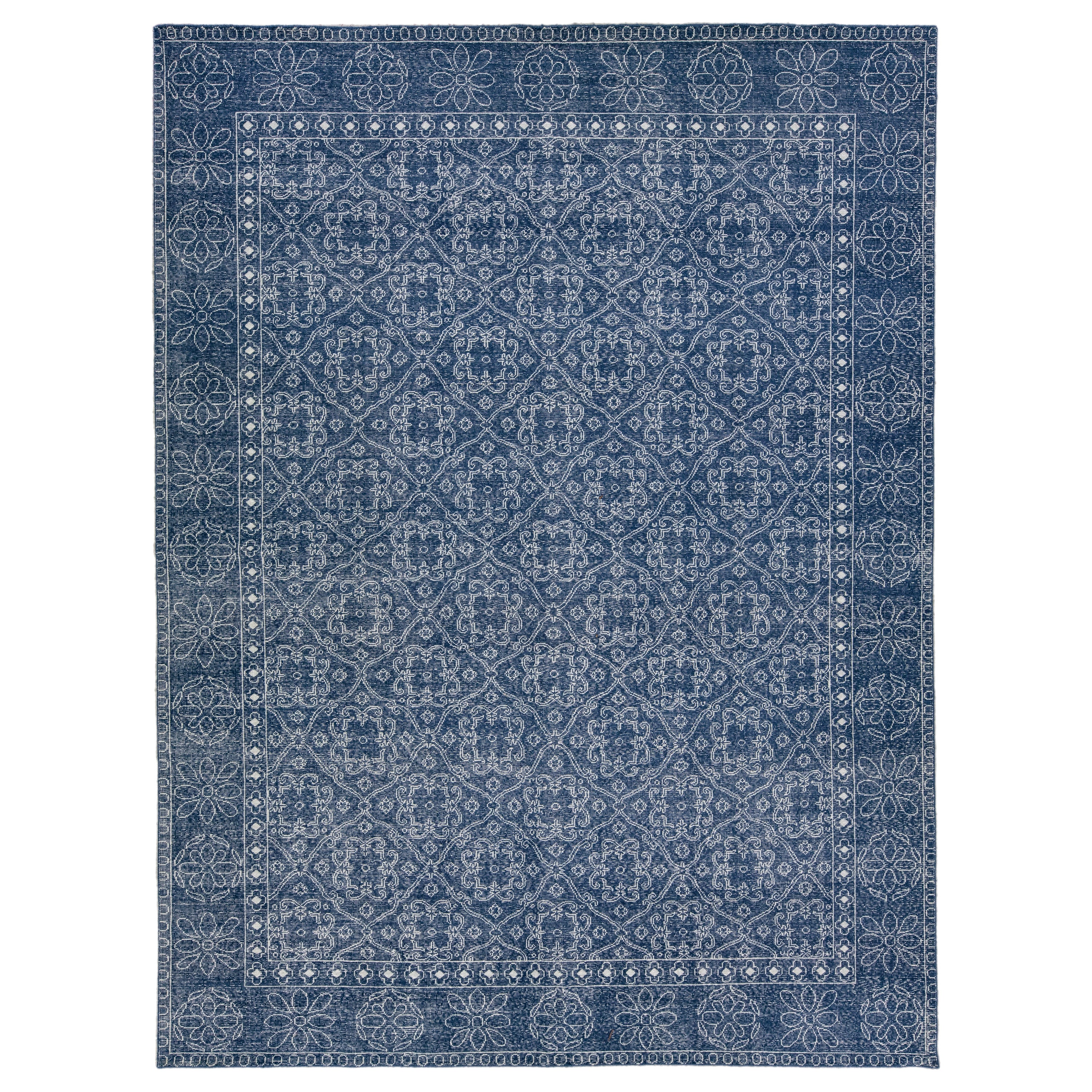 Mid-Century Modern Style Handmade Floral Trellis Motif Navy Blue Wool Rug For Sale