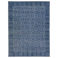 Mid-Century Modern Style Handmade Floral Trellis Motif Navy Blue Wool Rug