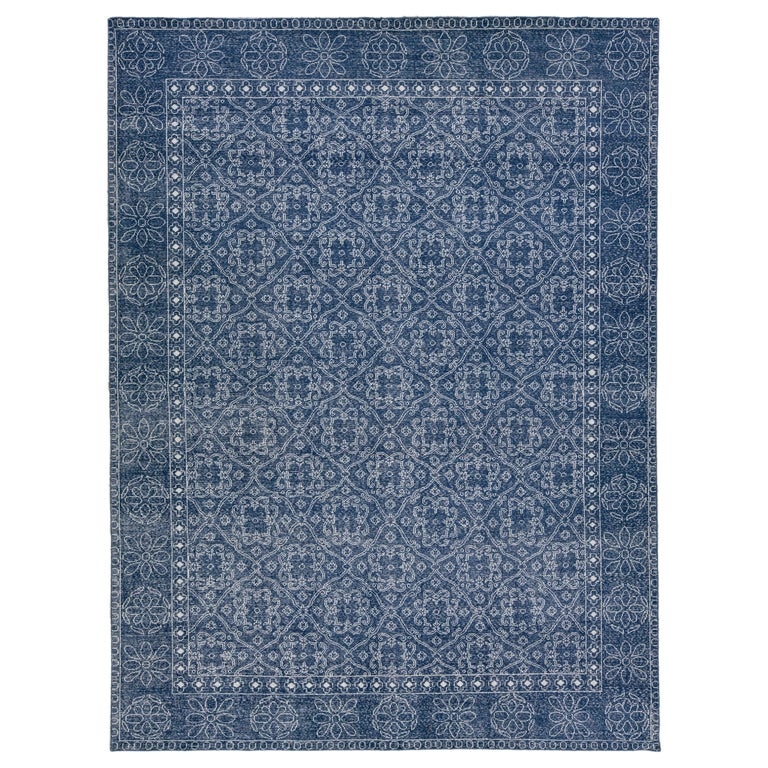 MidCentury Modern Style Handmade Floral Trellis Motif Navy Blue Wool