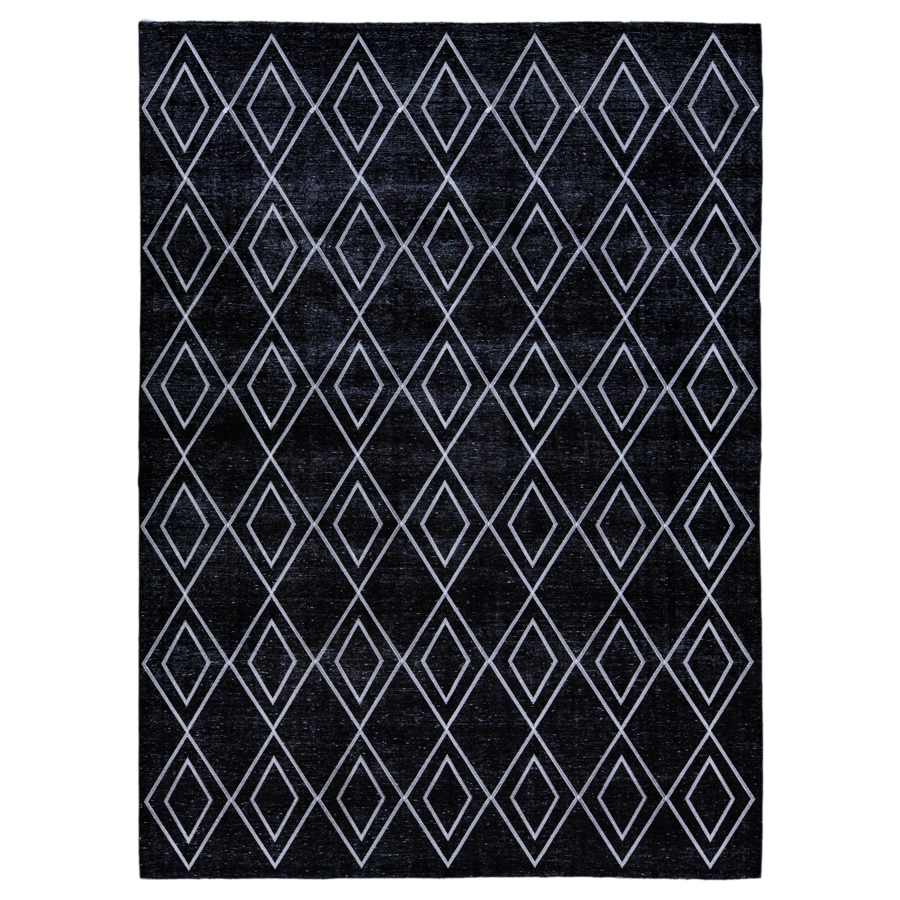 Black Modern Turkish Handmade Geometric Diamond Pattern Wool Rug For Sale