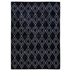 Black Modern Turkish Handmade Geometric Diamond Pattern Wool Rug