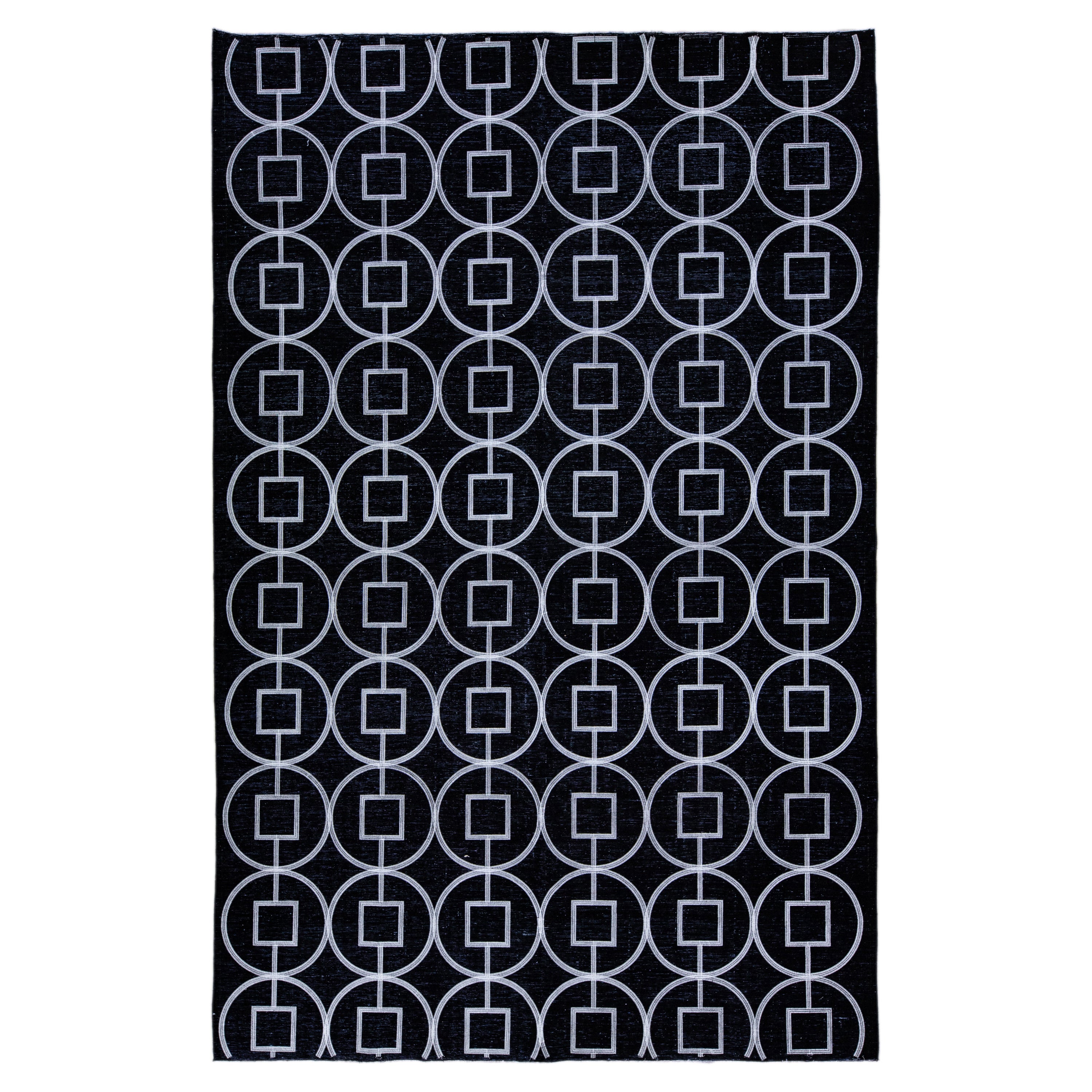 Modern Turkish Handmade Geometric Pattern Black Wool Rug For Sale