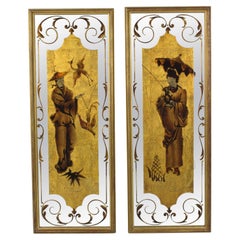 Robert Pansart Églomisé Glass Mirror Wall-Mounted Panel, Asian Character, a Pair