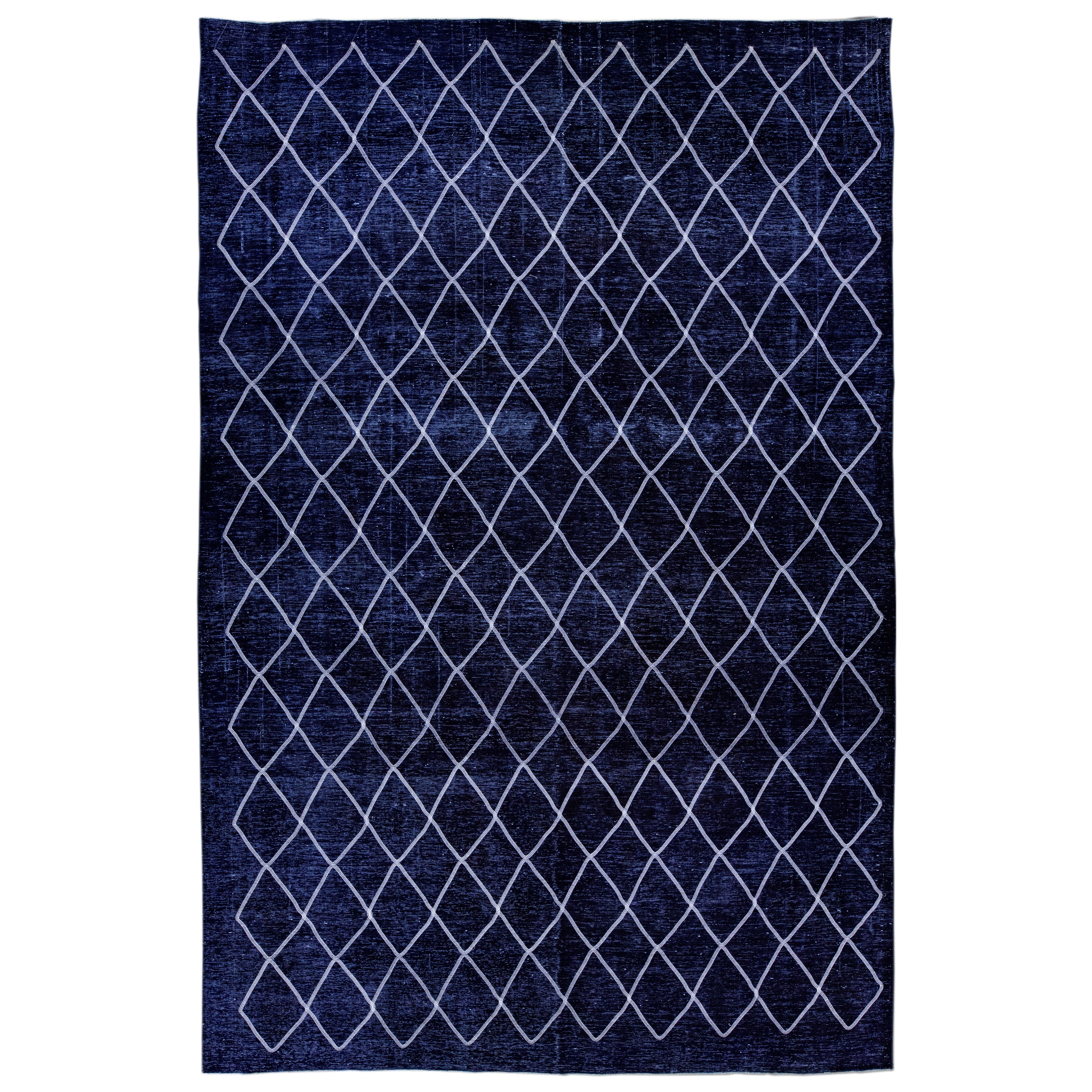 Modern Navy Blue Turkish Handmade Diamond Trellis Designed Wool Rug For Sale
