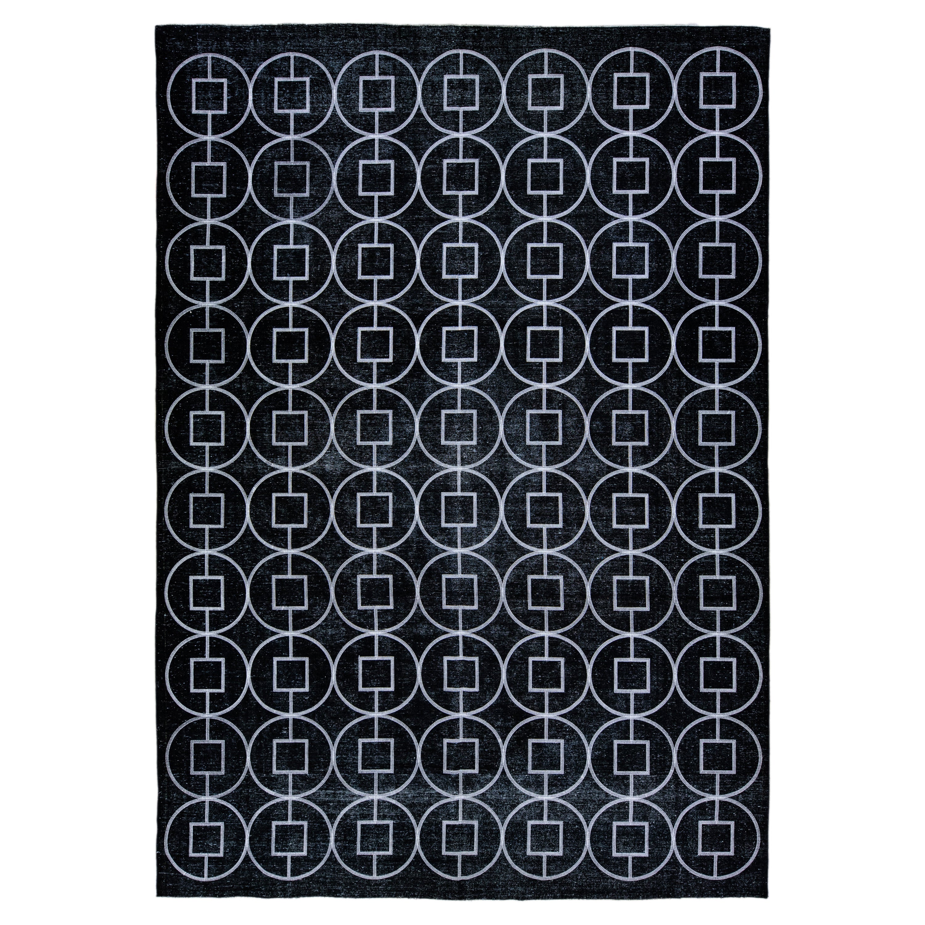 Modern Turkish Black Handmade Geometric Motif Wool Rug For Sale