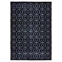 Modern Turkish Black Handmade Geometric Motif Wool Rug