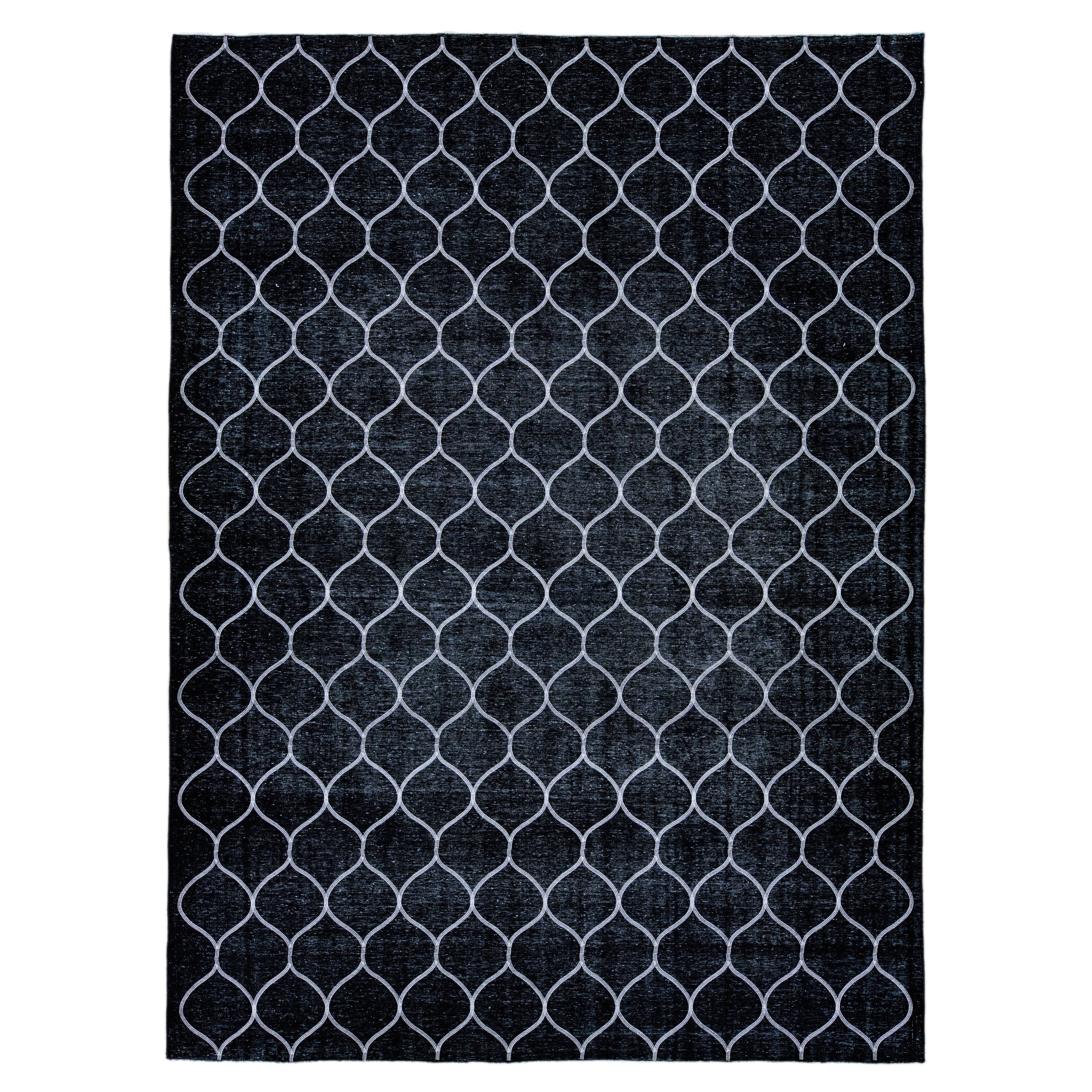 Modern Black Turkish Handmade Trellis Designed Wool Rug For Sale