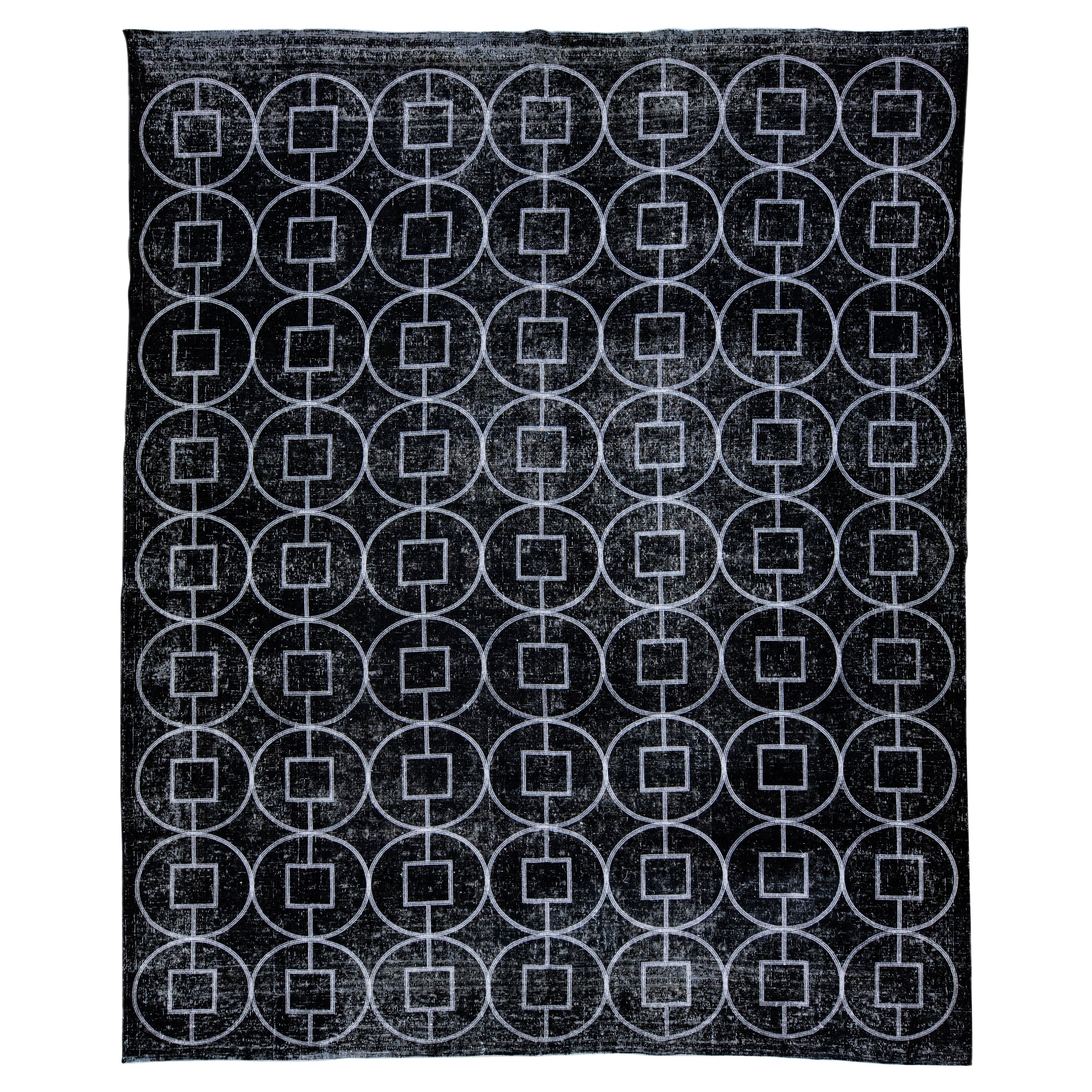 Black Modern Turkish Handmade Geometric Pattern Wool Rug For Sale