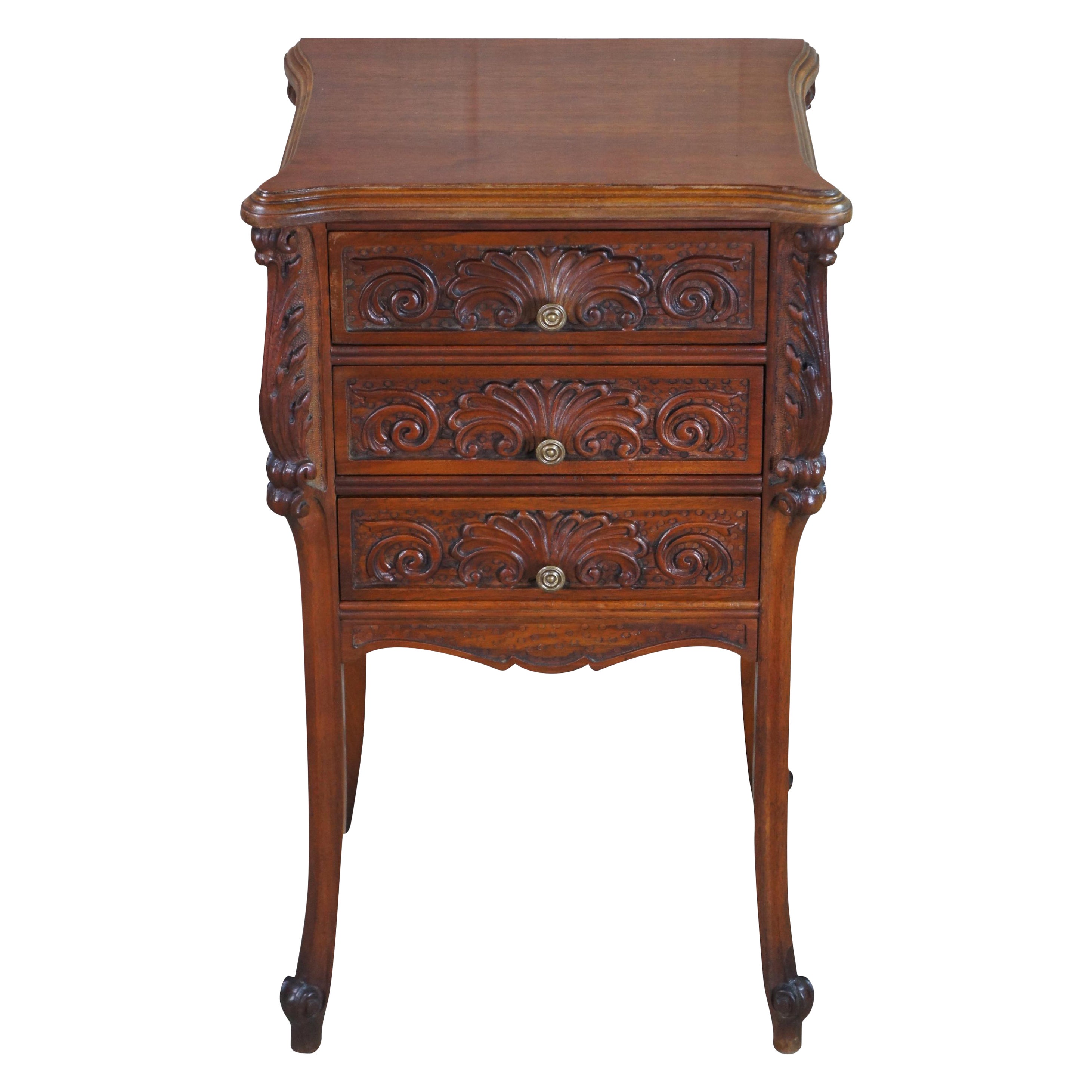Antique French Baroque Rococo Carved Walnut 3 Drawer Side Table Nightstand