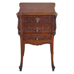 Antique French Baroque Rococo Carved Walnut 3 Drawer Side Table Nightstand