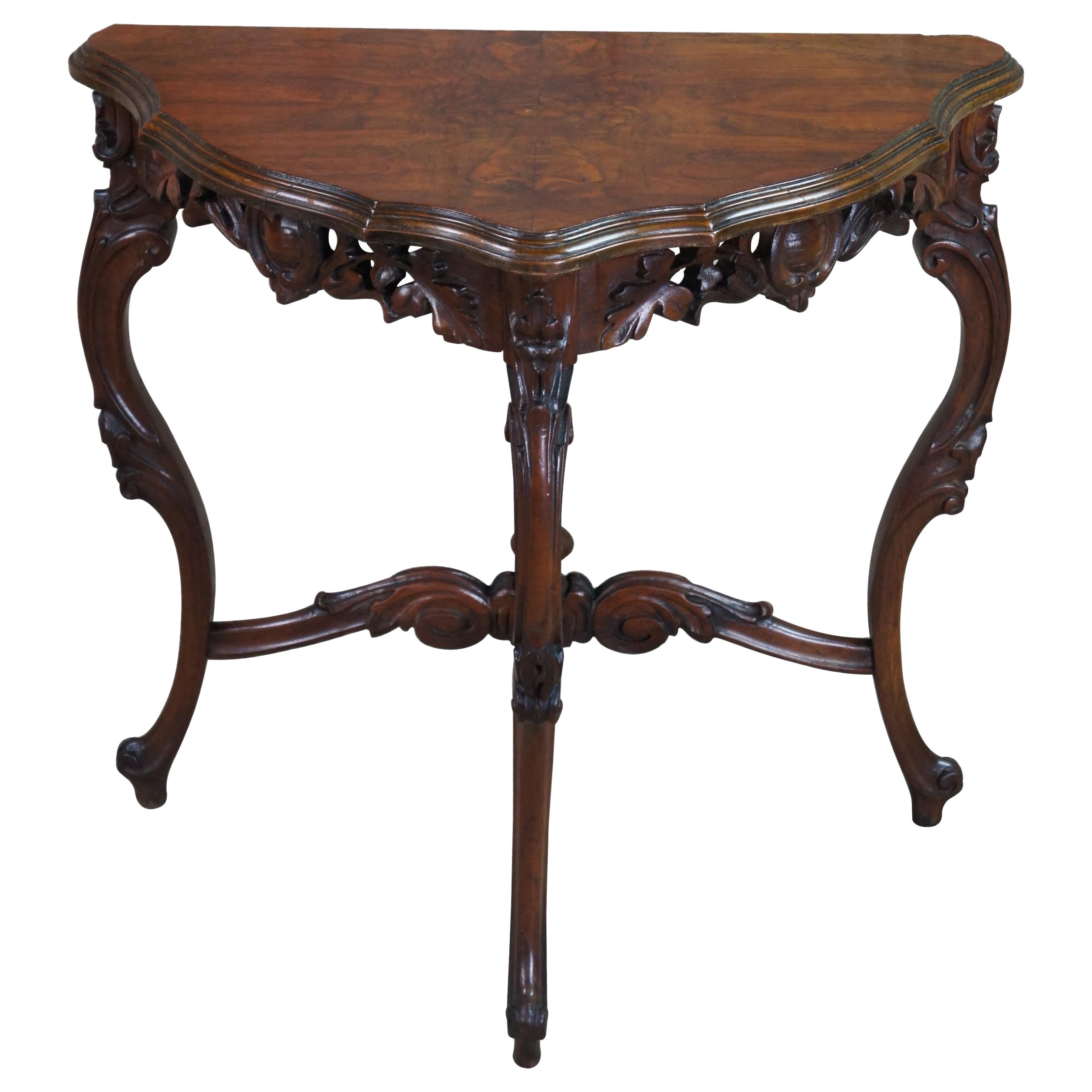 Antique French Baroque Rococo Carved Demilune Walnut Burl Console Hall Table